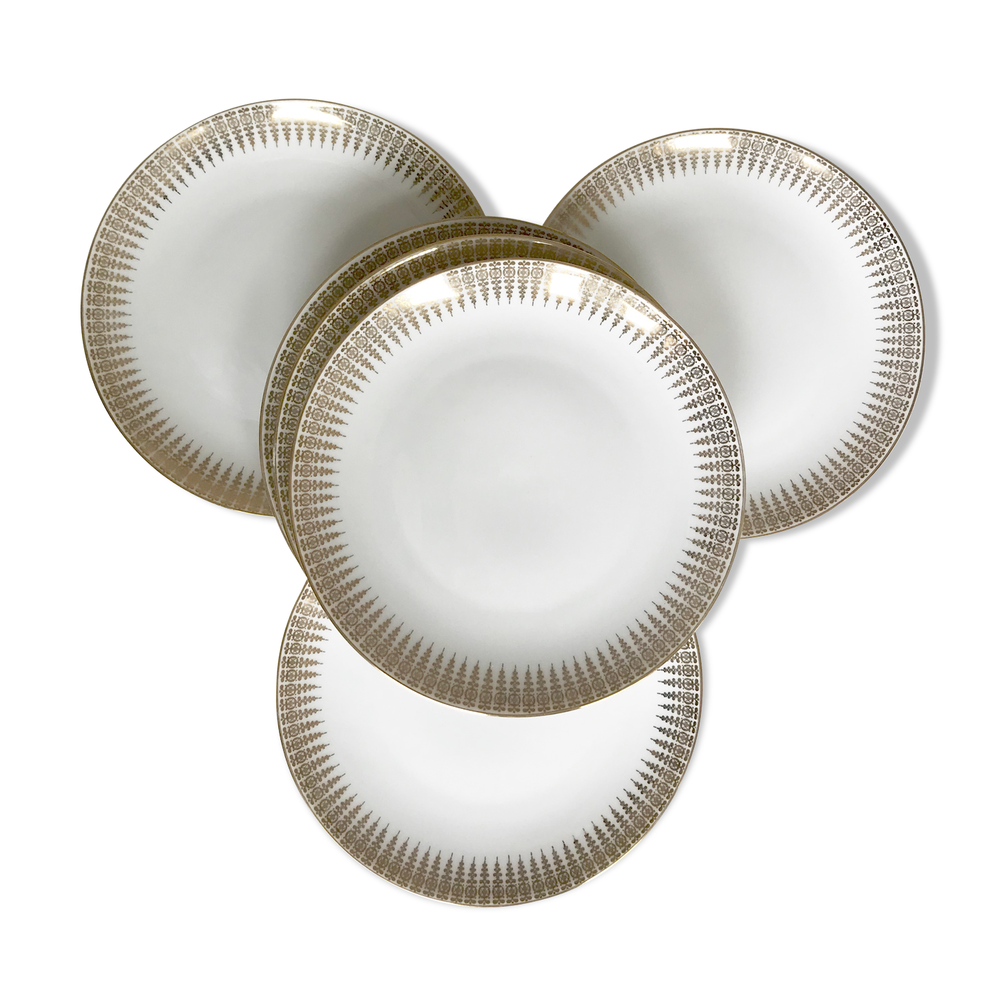 Six white and gold porcelain dessert plates