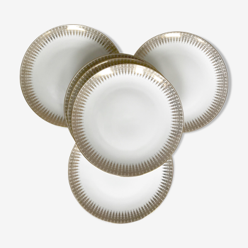 Six white and gold porcelain dessert plates