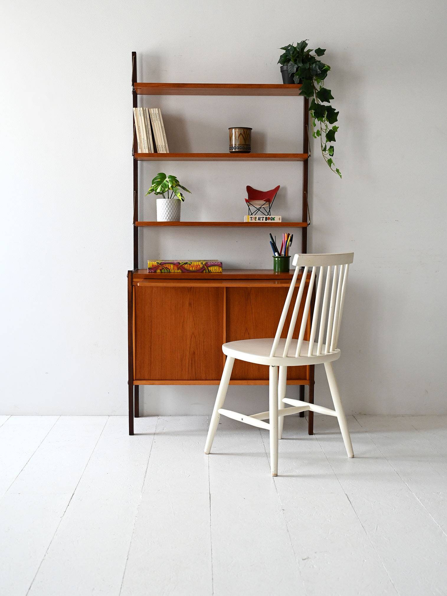 Vintage Scandinavian bookcase with pull-out desk and brass supports
