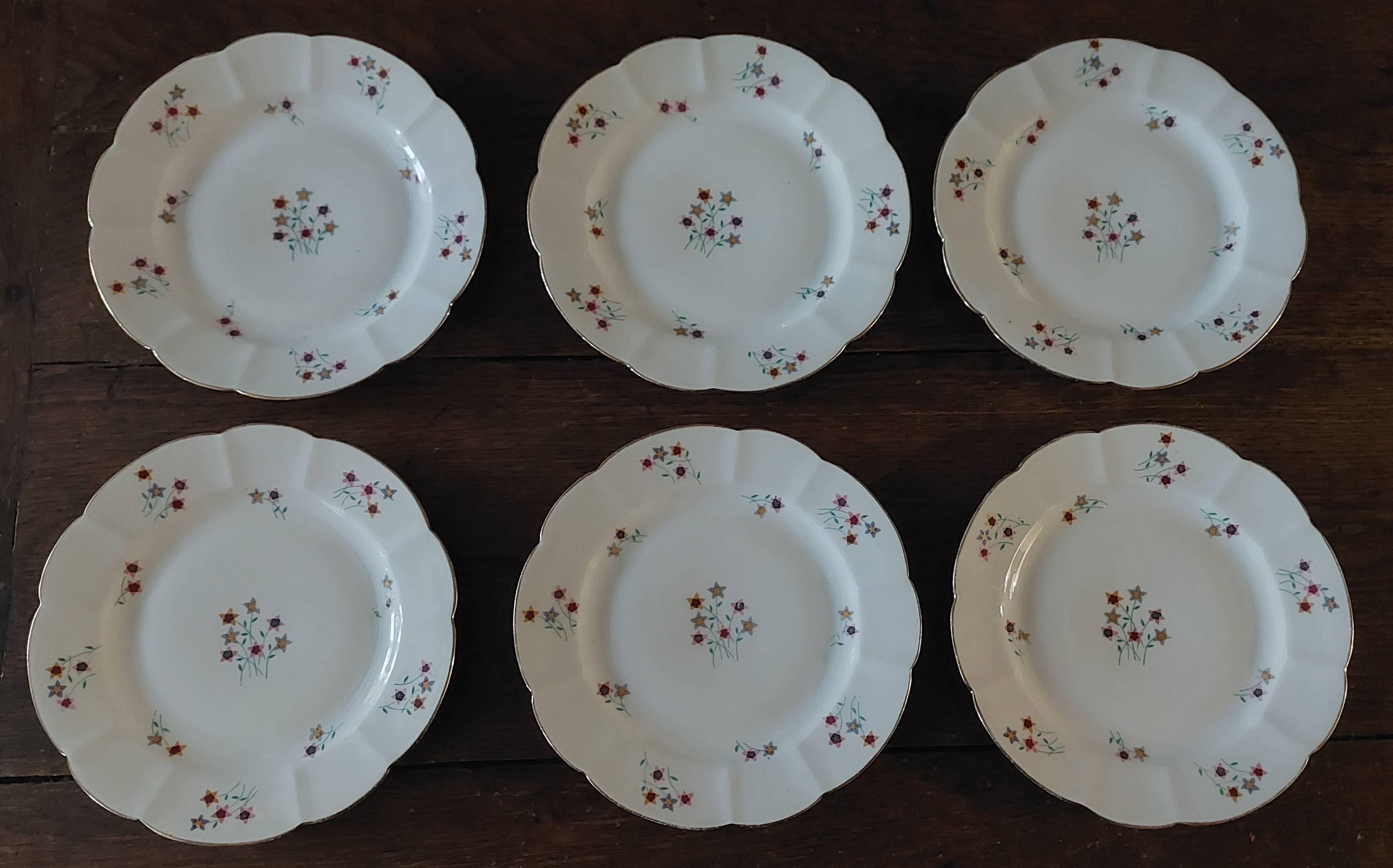 Set of six porcelain dessert plates from Châtres-sur-Cher, Gaston Sai