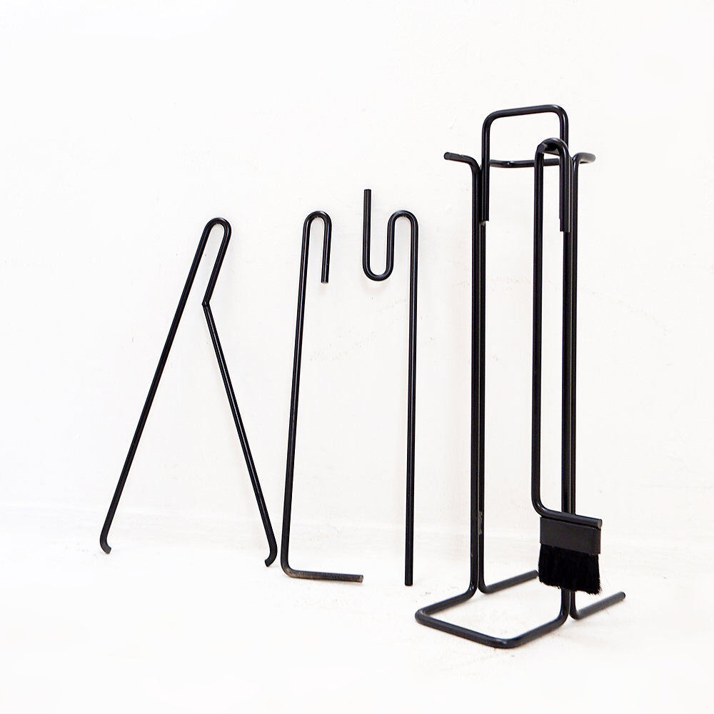 Minimalist black metal fireplace accessory set 'Mace-Line' by Ann Maes - 1970s