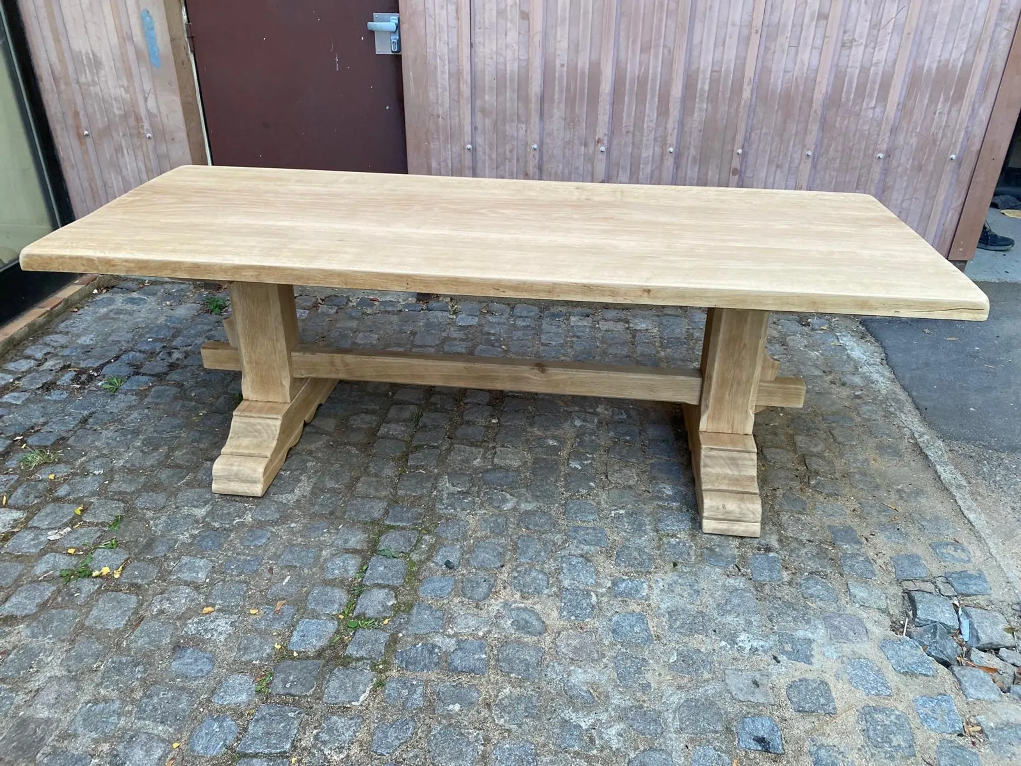 Large stripped monastery table in raw solid oak 225cm 1970