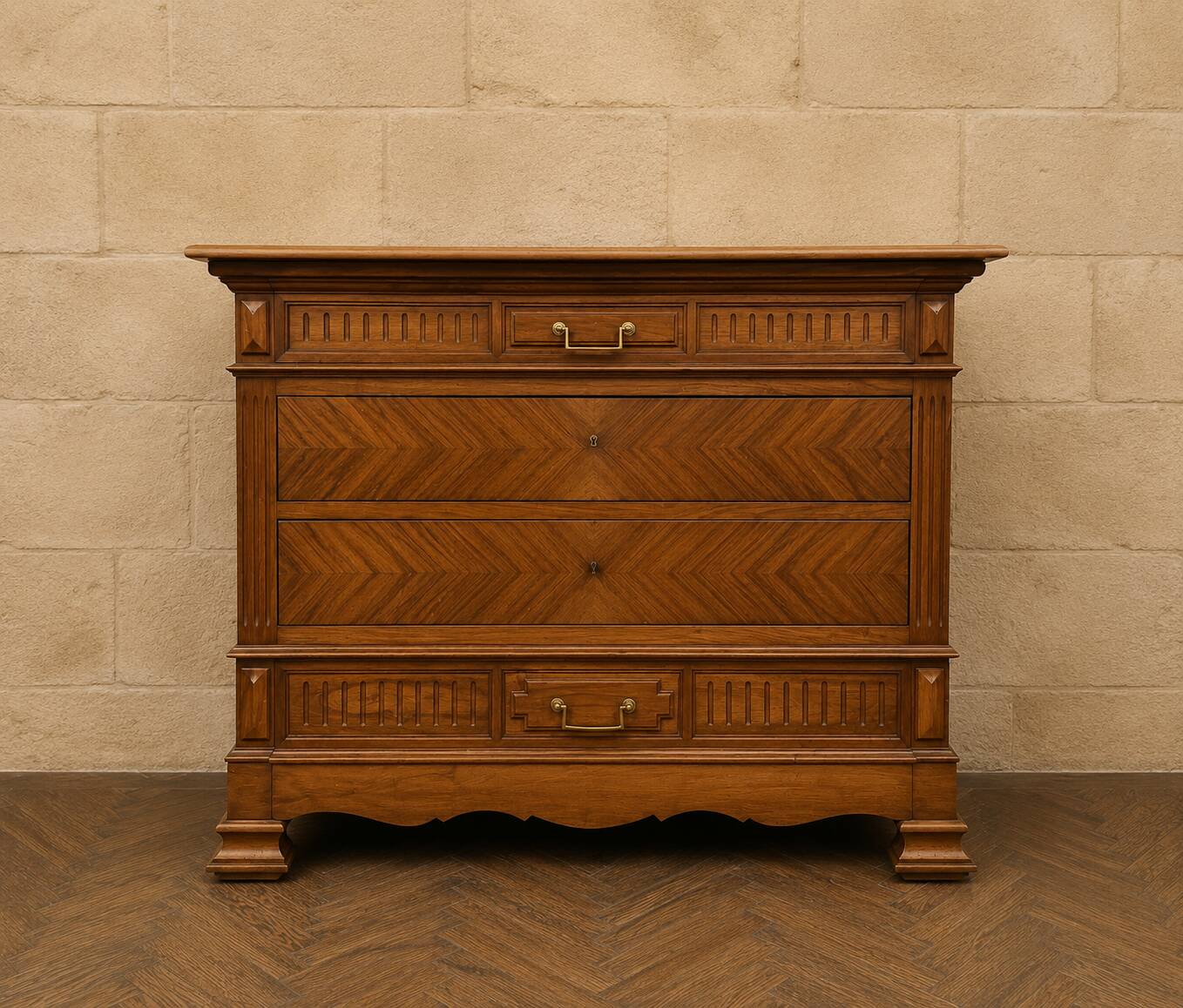 Louis XVI style walnut commode – Marble top – Chevron front