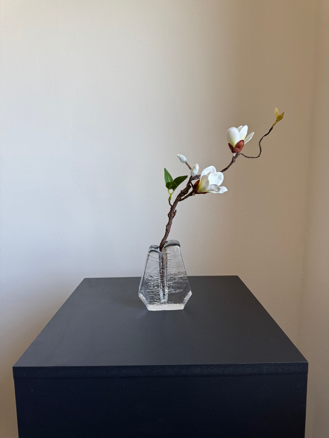 Textured glass button vase in mid-century brutalist style.