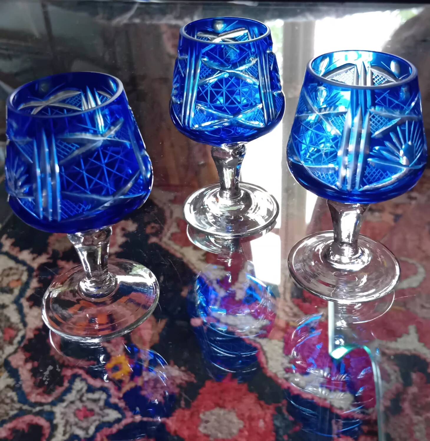 Bohemian blue crystal liqueur glasses