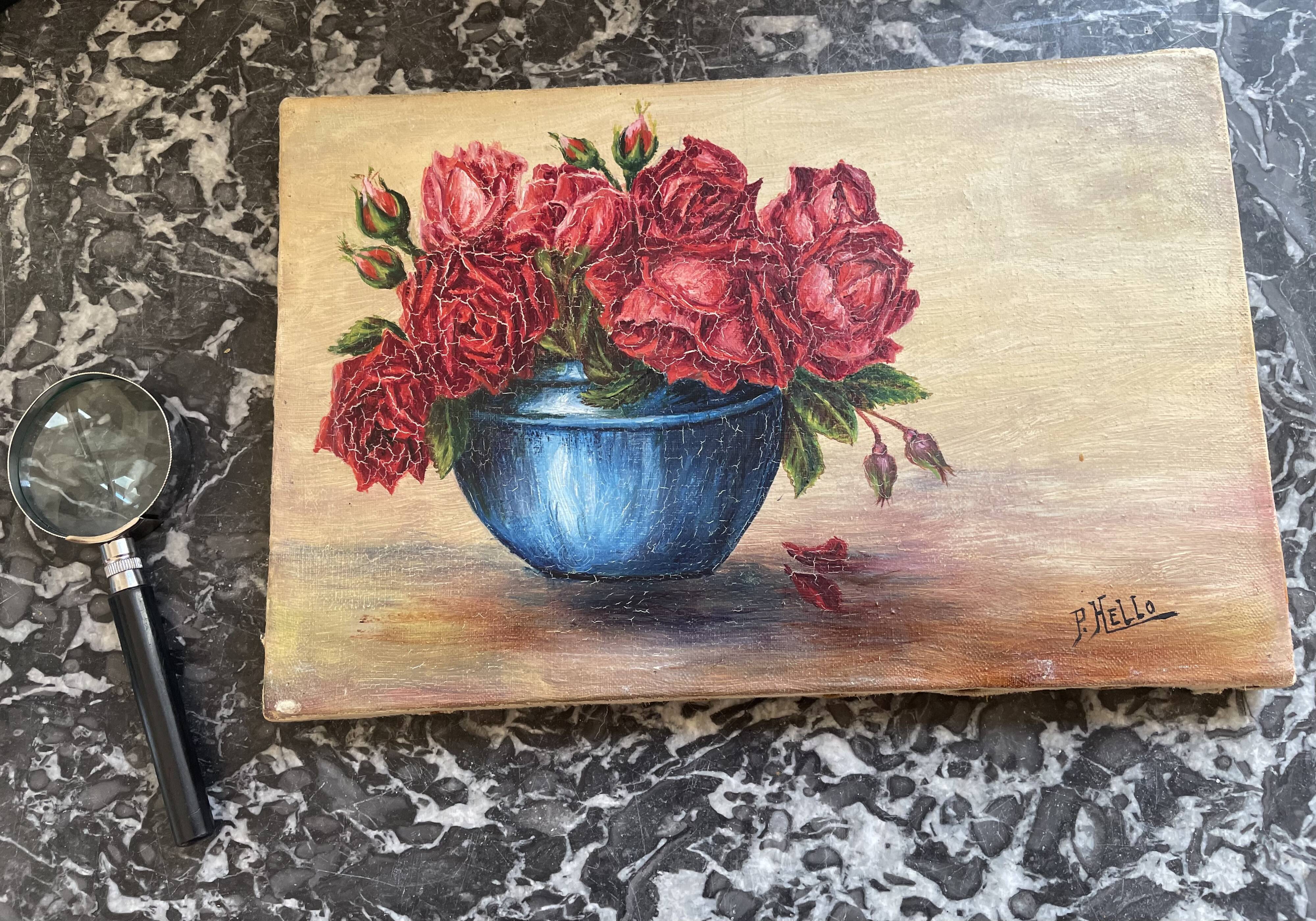 Oil on canvas bouquet of roses signed P. HELLO