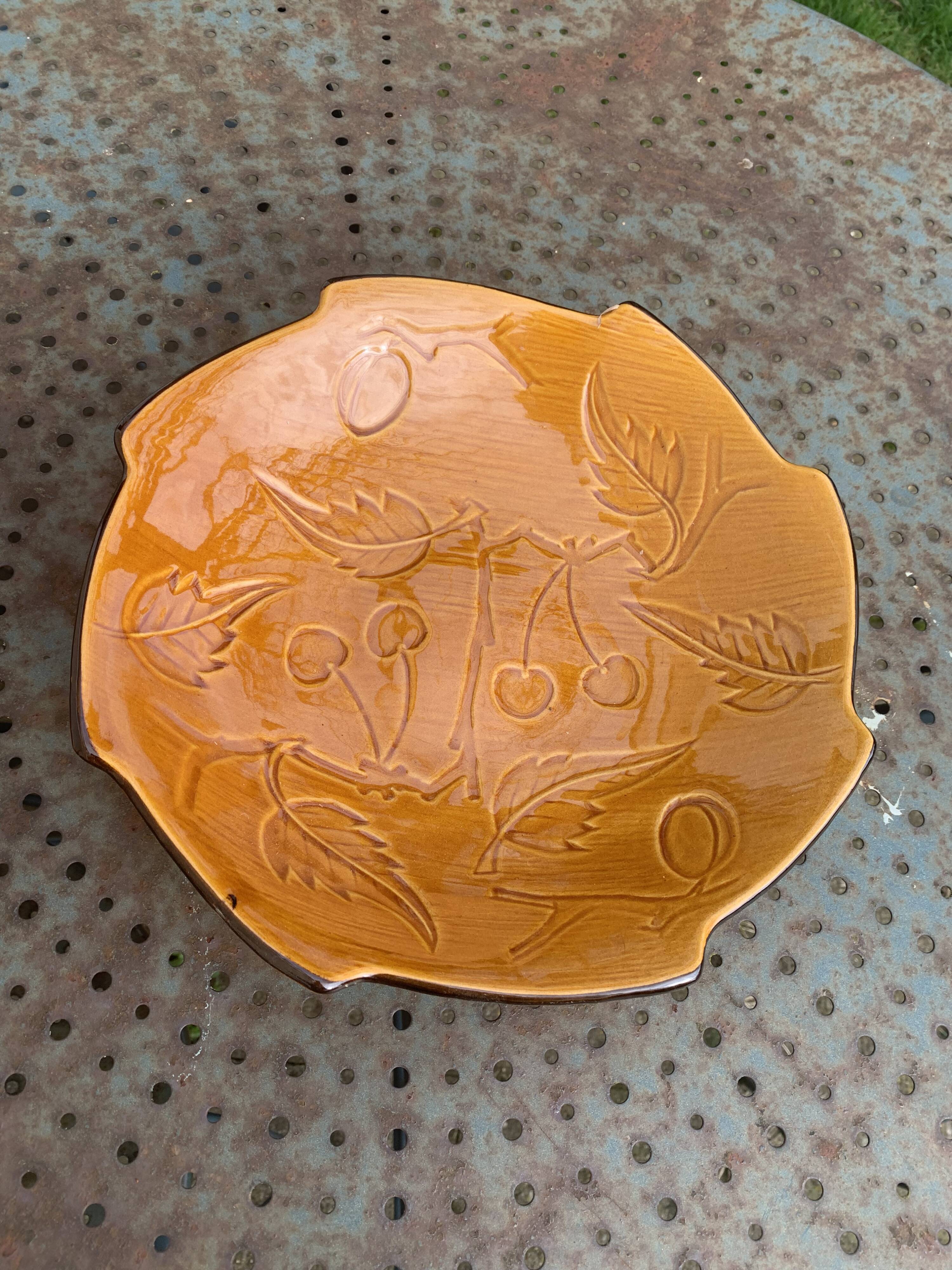 Enameled ceramic fruit bowl signed POET LAVAL, Drome France, with summer fruits