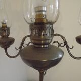 French Vintage Pewter 4 Light Flemish Chandelier Hand Blown Lantern Shades 5104