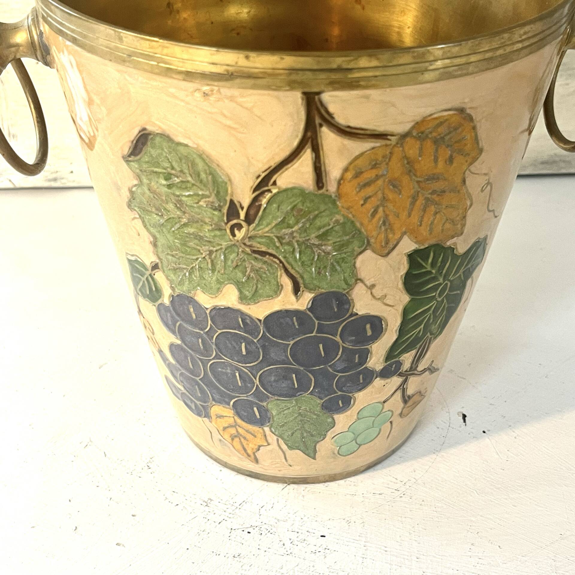 French vintage cloisonne champagne bucket with grape and vine design