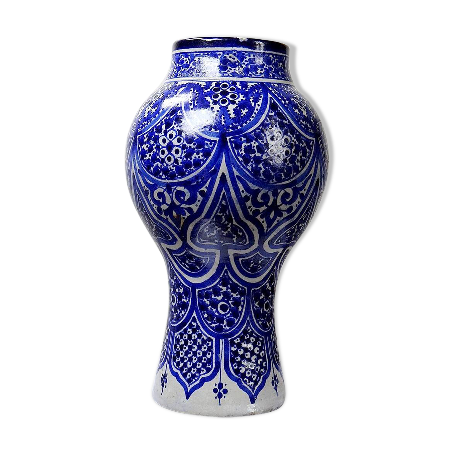 Large Moroccan vase/jar from Fès, handcrafted ceramic Khabia, 19th-20th century, cobalt.