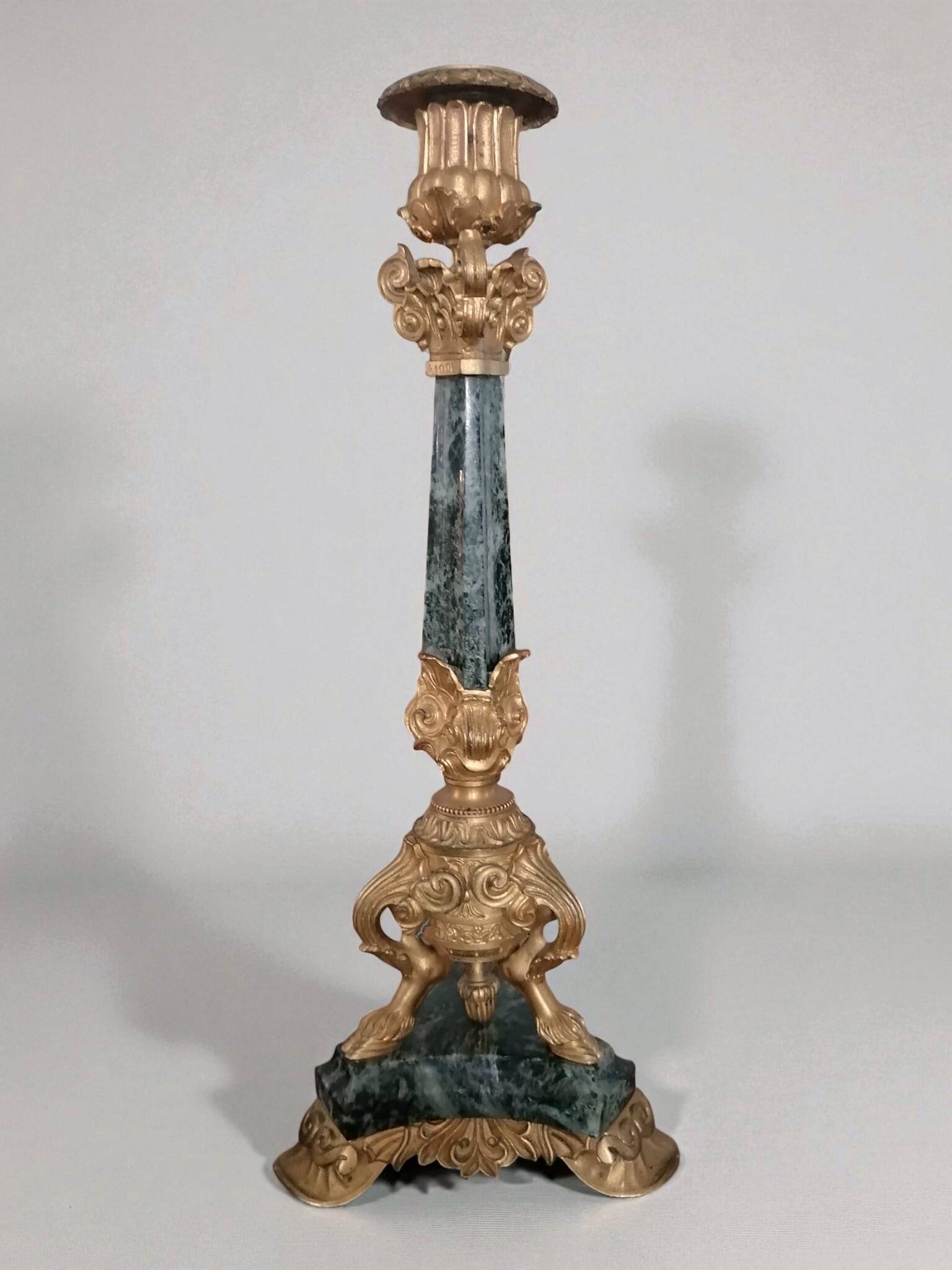 Pair of Empire/Restoration style candlesticks - green marble and bronze.
