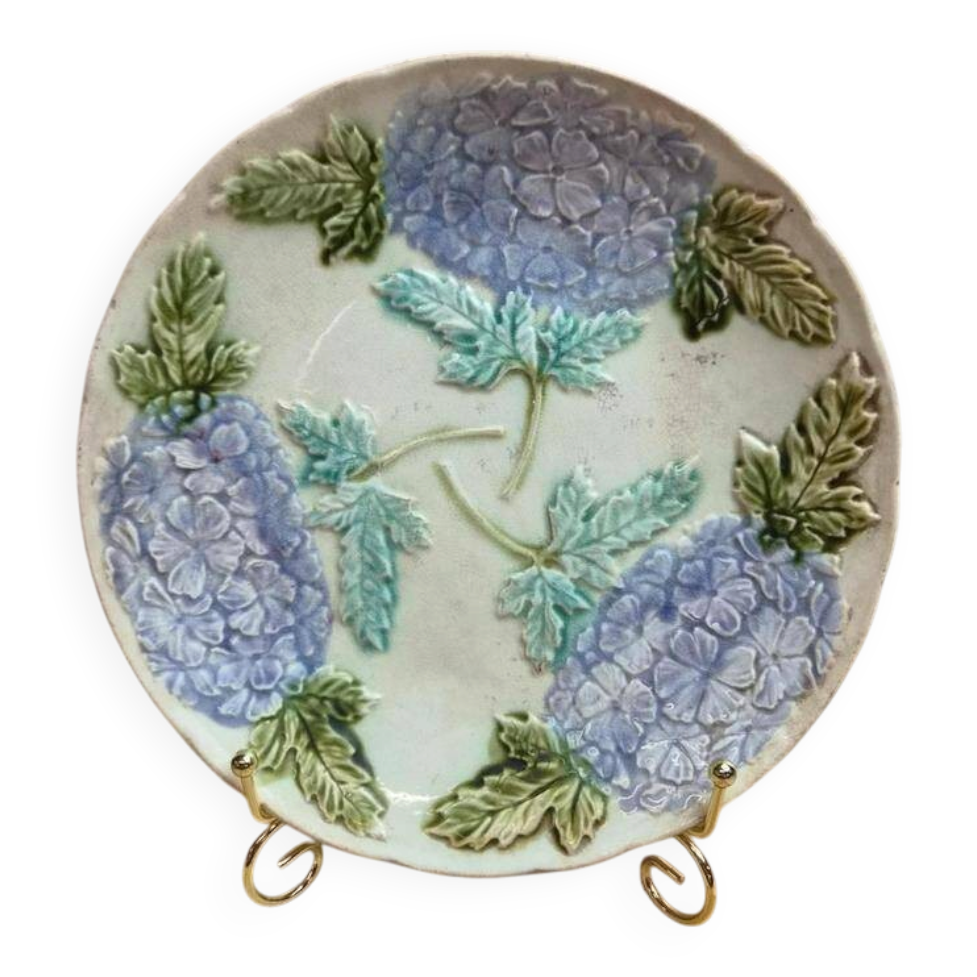 Antique majolica plate – Raised decoration of mauve hydrangeas – Art Nouveau