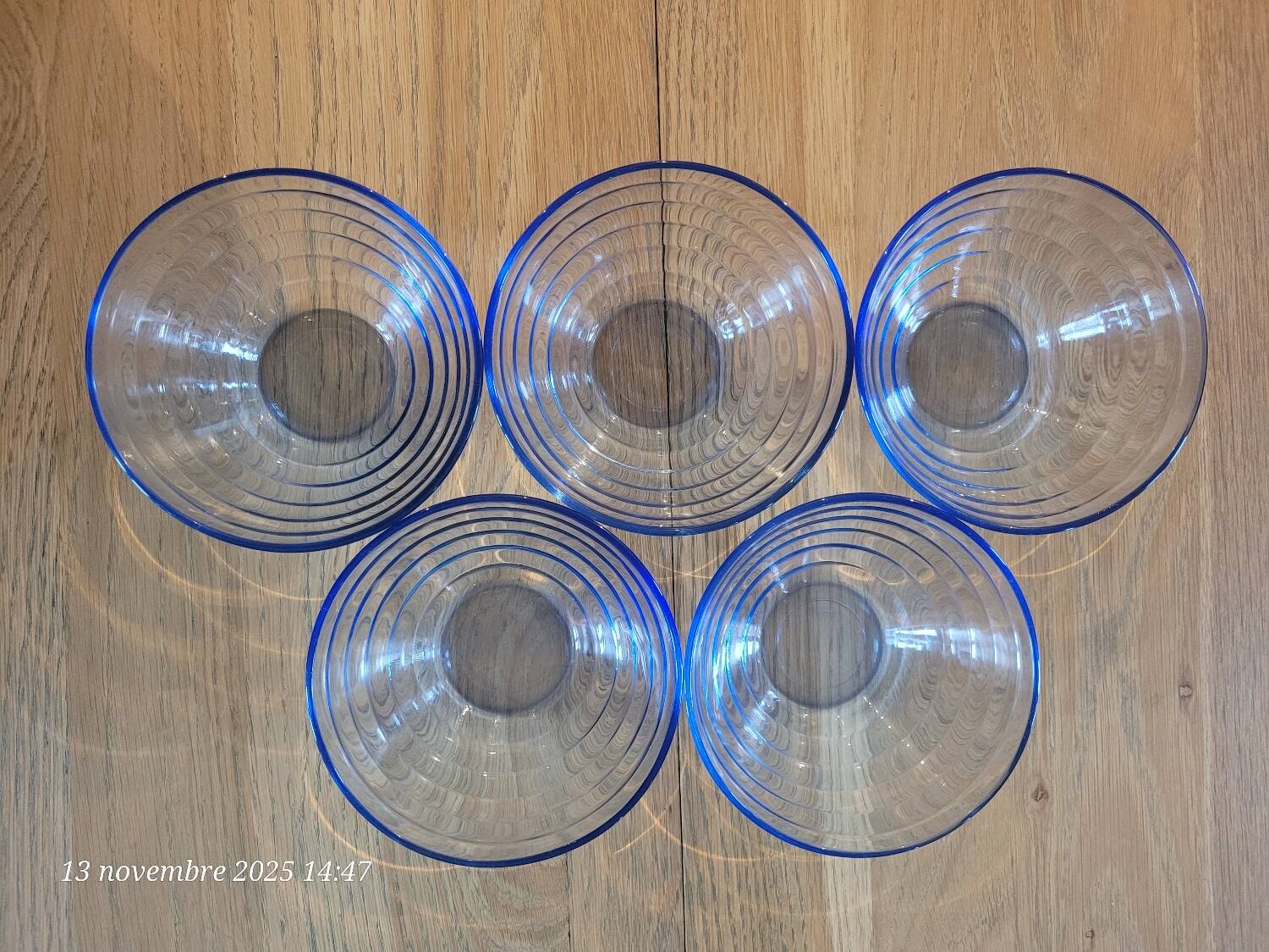 5 vintage blue tempered glass bowls
