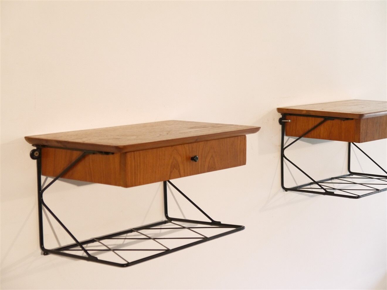 Pair of Scandinavian wall bedside tables in teak 1960