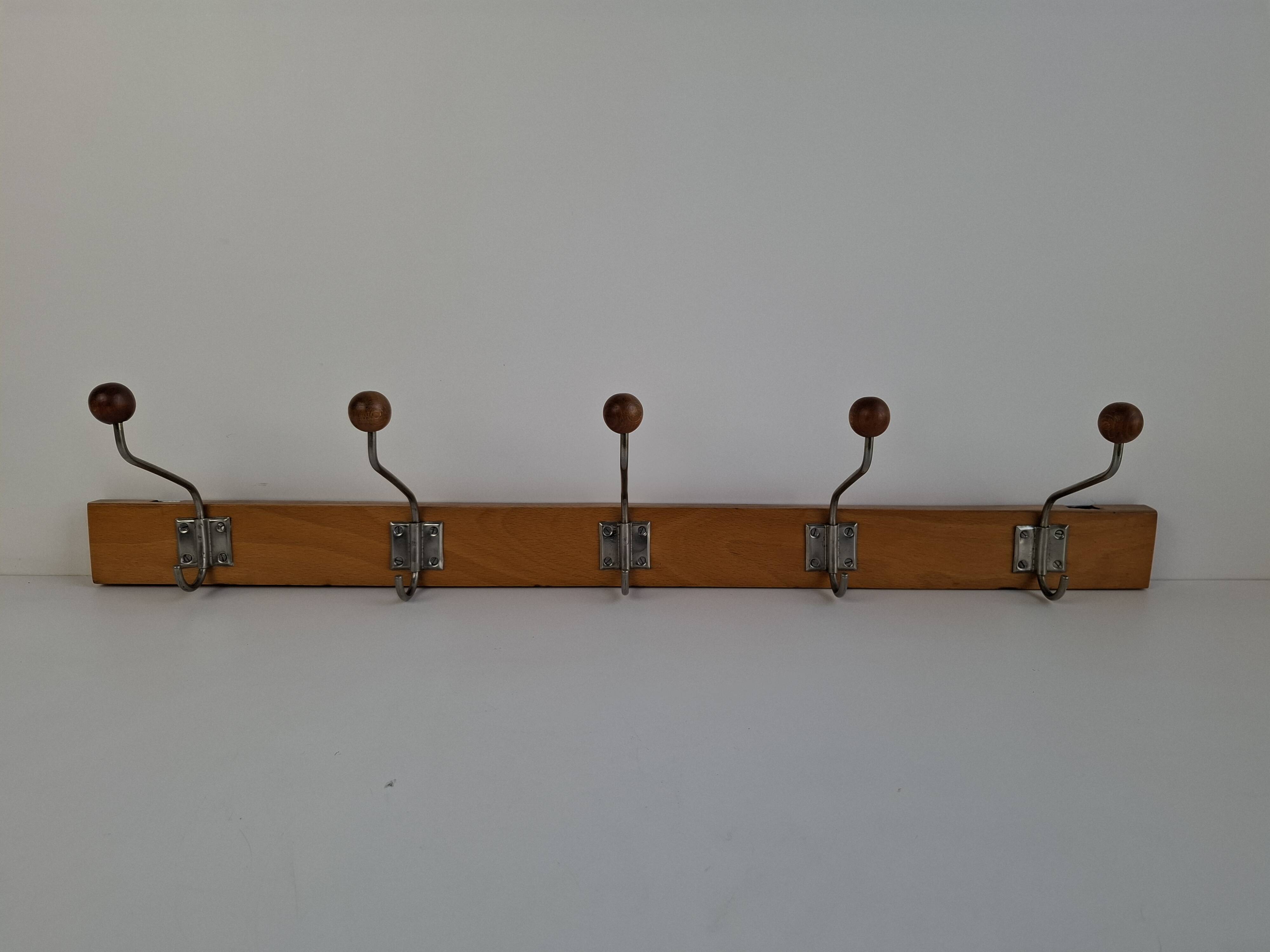 Czechoslovak Midcentury Wooden and Metal Wall Coat Rack, 1960s