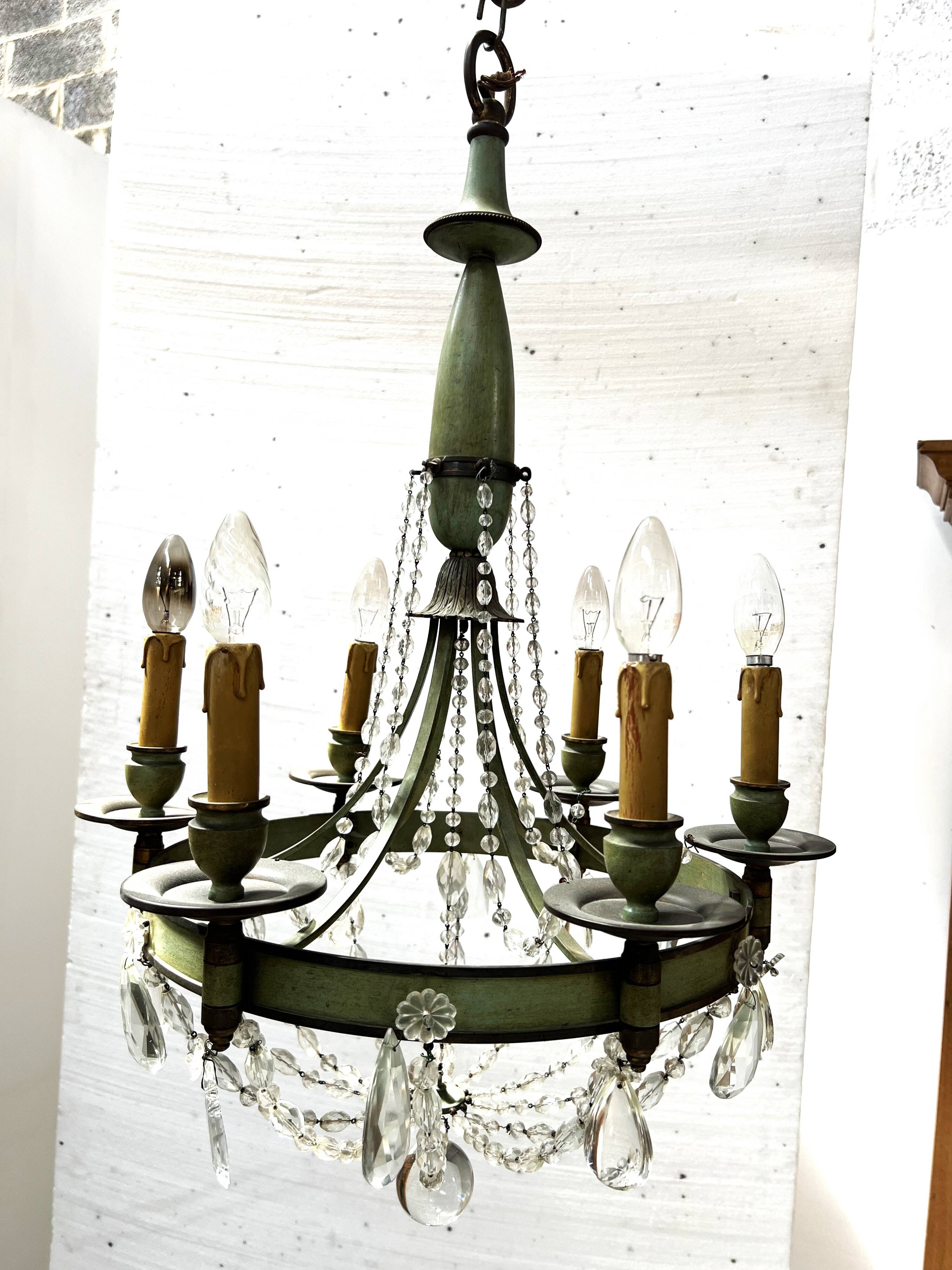 Empire style chandelier with tassels and patinated sheet metal, 20th century