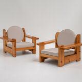 Pair of solid pine lounge chairs, italy 1970s