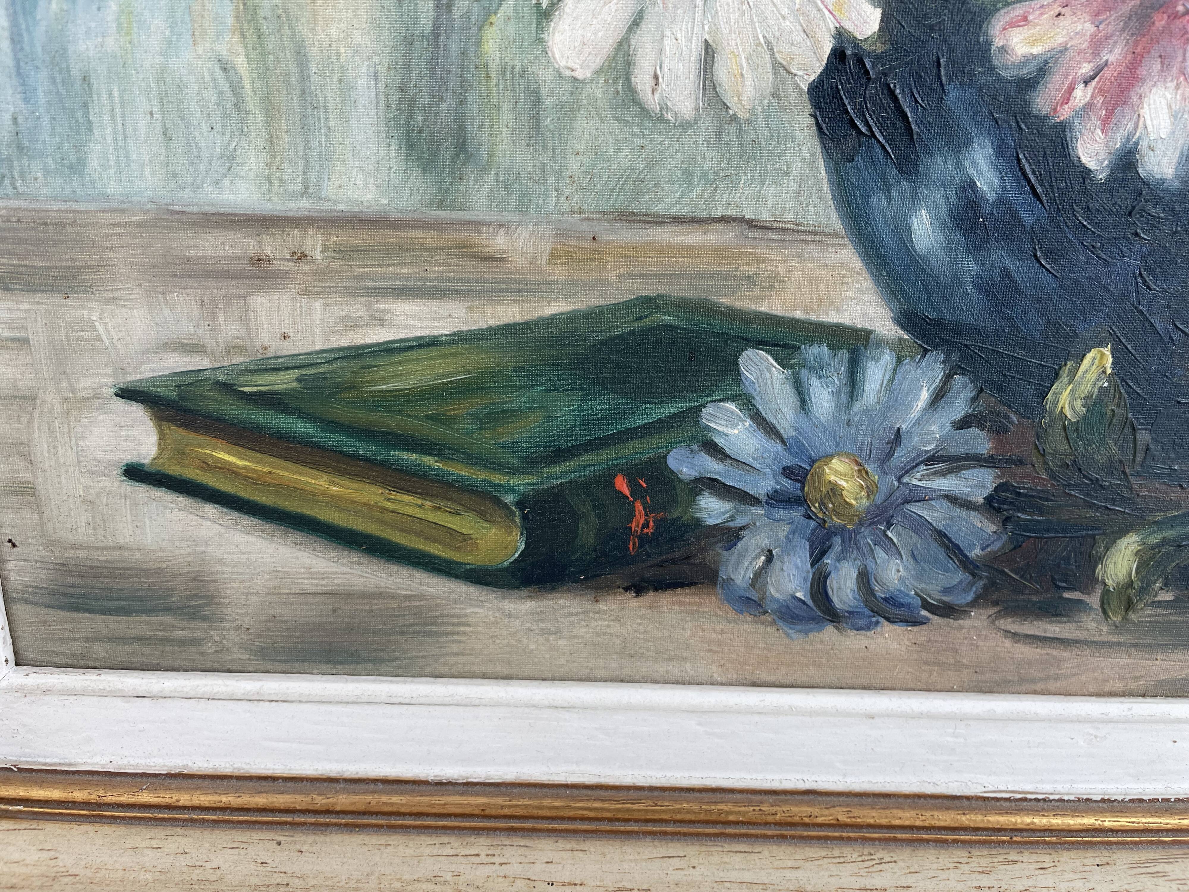 Vintage, oil painting, still life with bouquet of flowers, book, 20th century, signed
