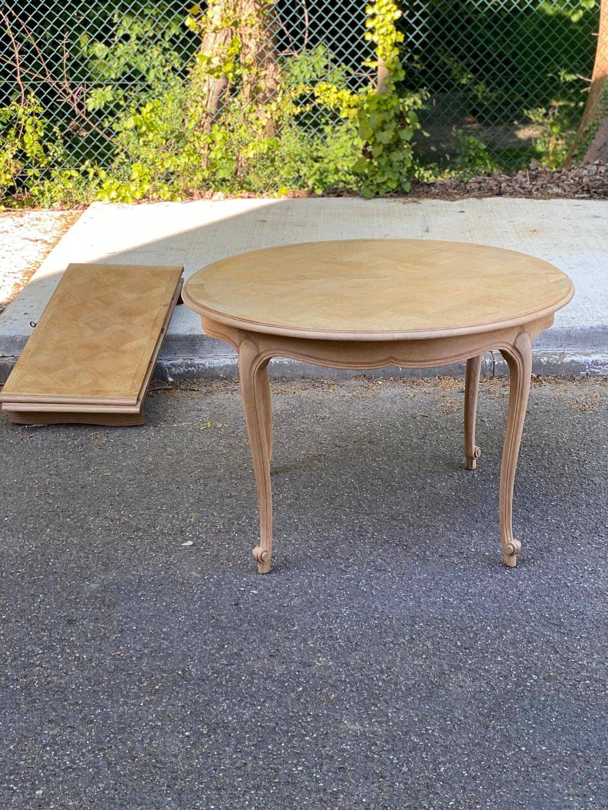 Louis XV extendable round table in solid raw oak 210cm and X marquetry