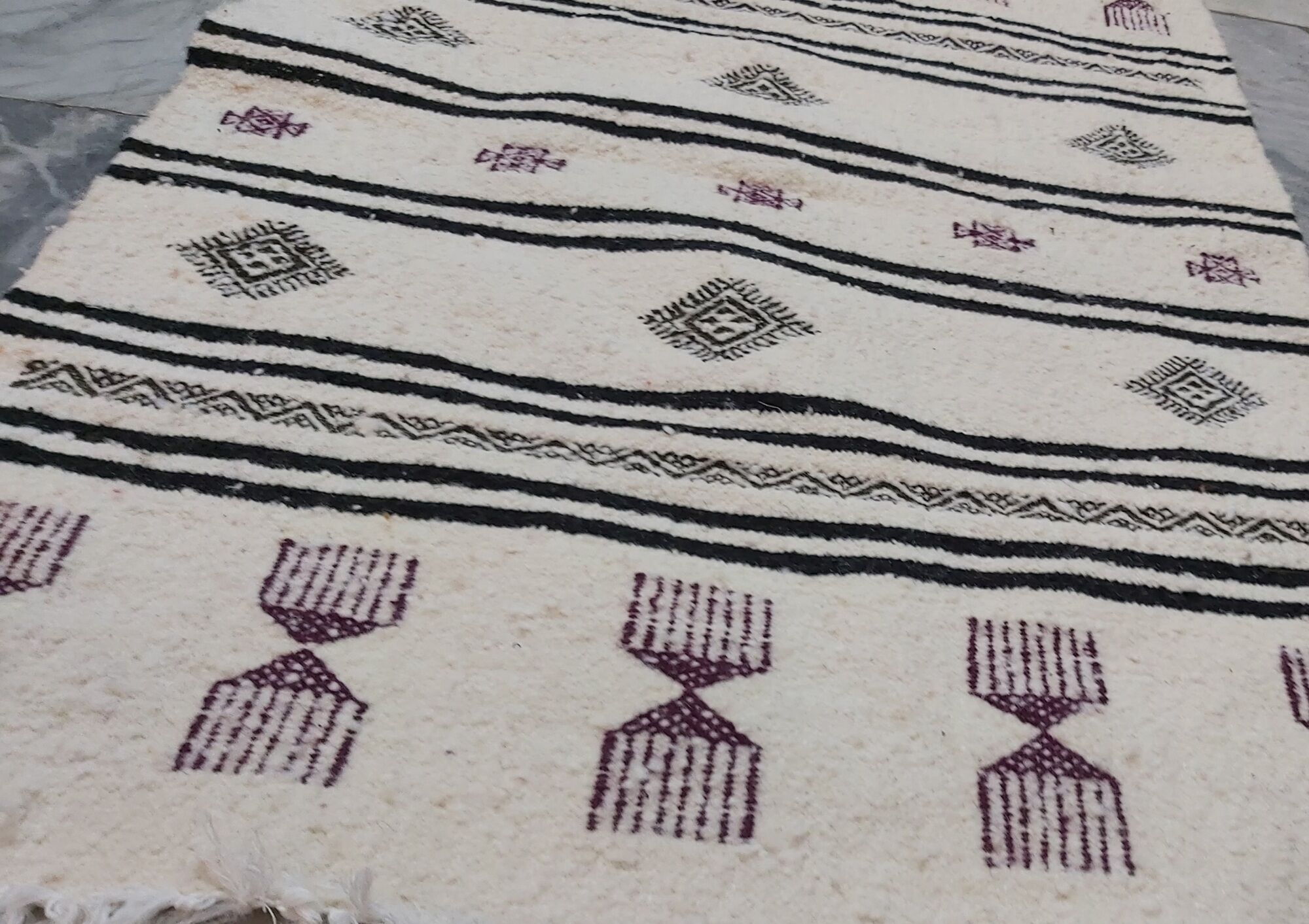 Black and purple white carpet woven by hand in pure wool