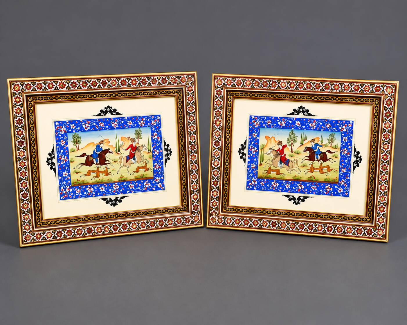 Pair of framed Persian miniatures – Eastern equestrian scenes