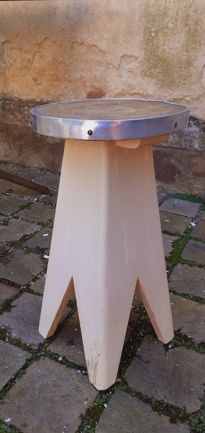 Tabouret,  porte plante vintage année 50 pied compas en chêne