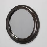 1970s Italian round mirror in dark brown plastic frame