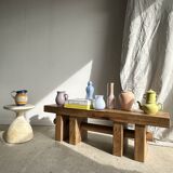 Solid wood bench with openwork base crossed by a cylinder - Mango wood