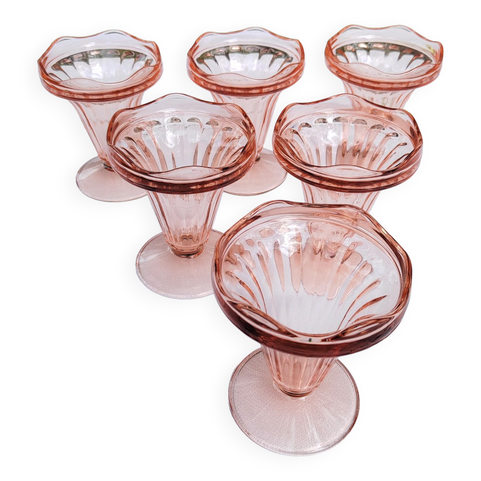 Suite of 6 pink glass ice cream bowls 70s/80s