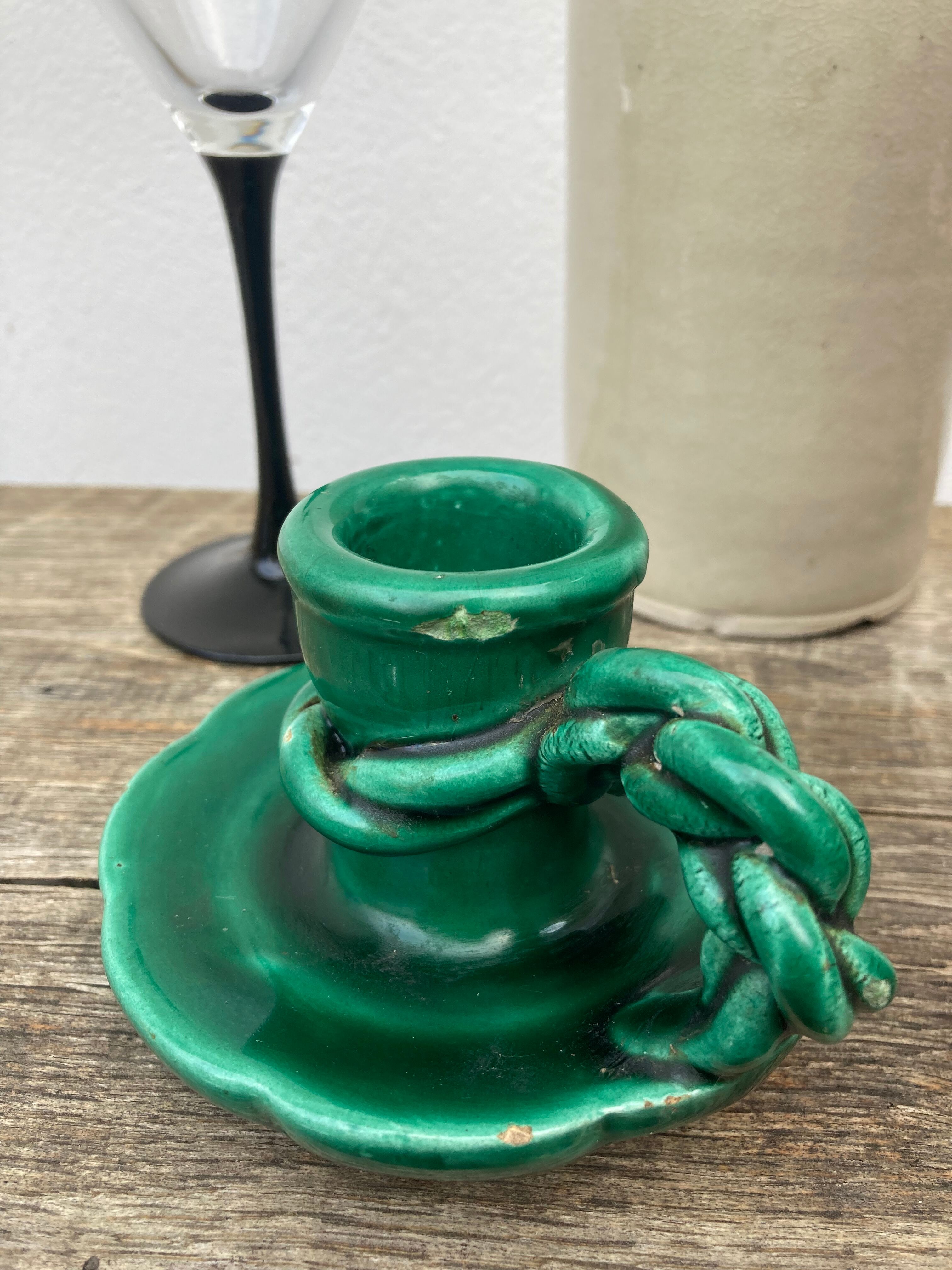 Vallauris candle holder in vintage green ceramic 1970