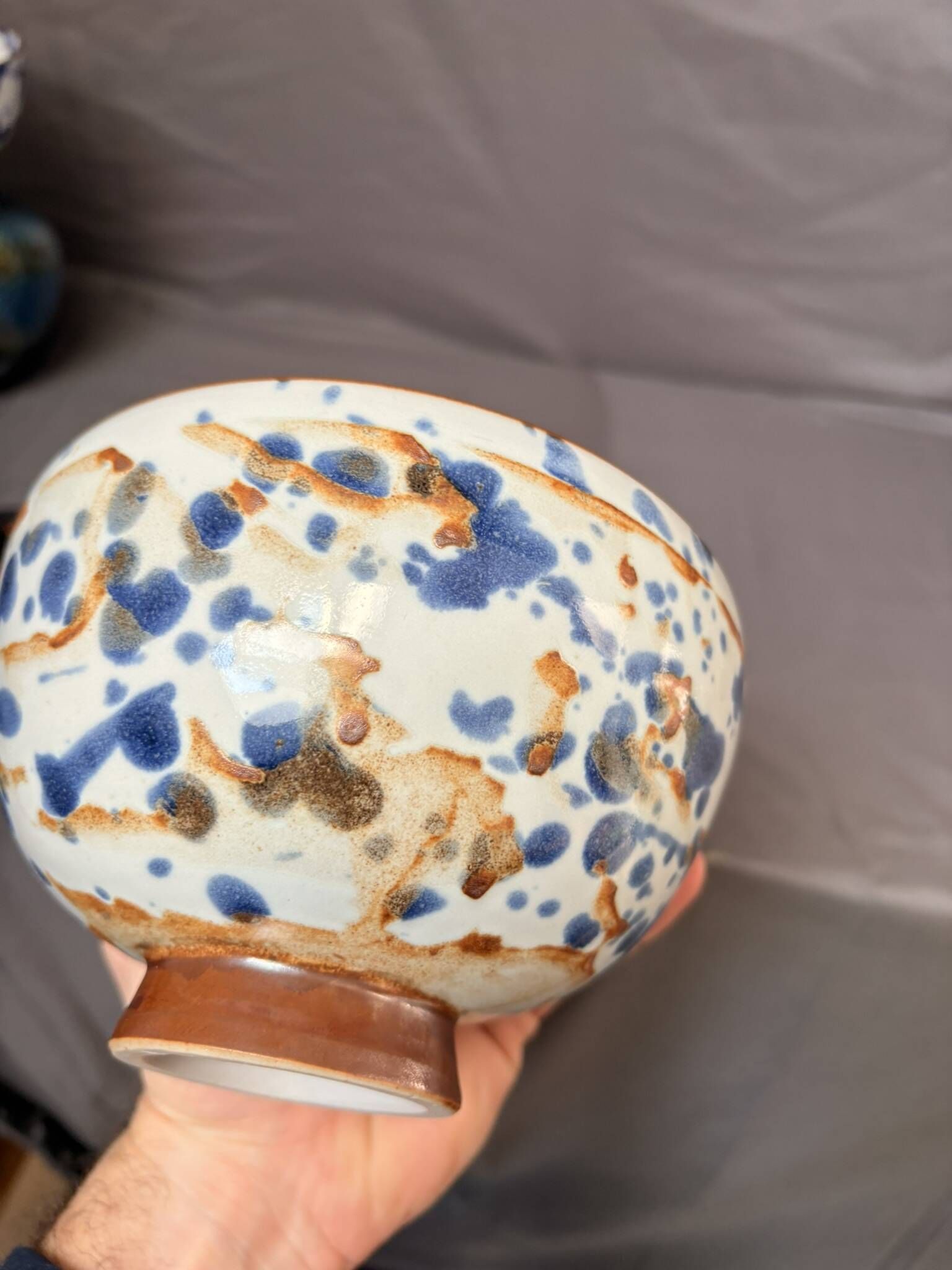 Ancient Bowl Tea Chawan Japan Mingei Ceramic Blue Brown
