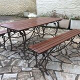 Garden lounge table and 2 cast iron and oak benches
