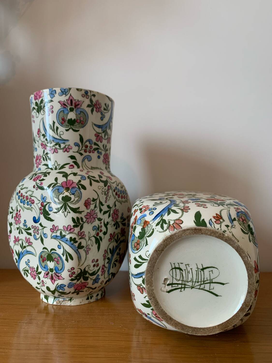 Luneville earthenware pot vases with flower pattern