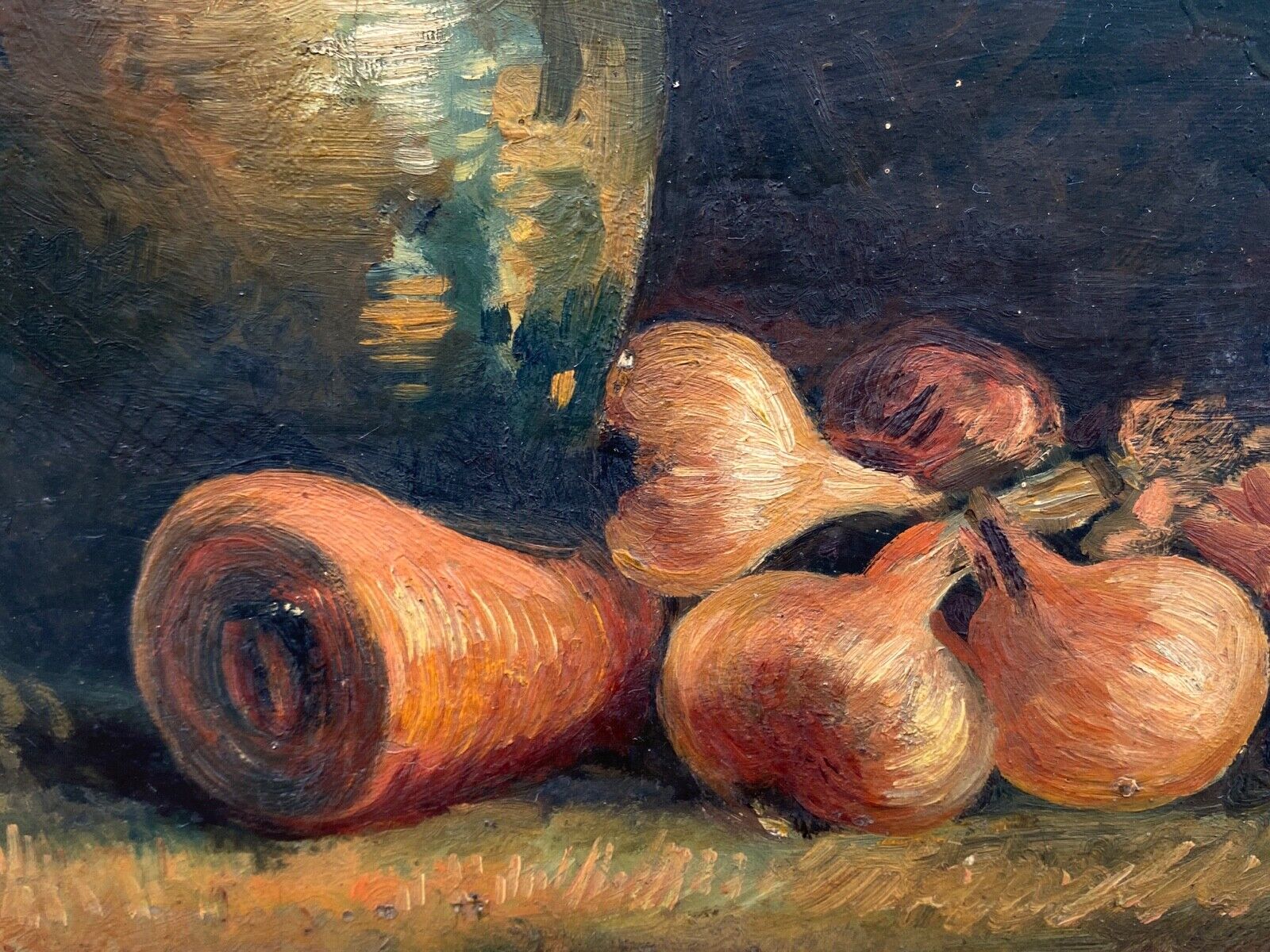 Oil on cardboard still life with pitcher and onions early twentieth century