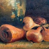 Oil on cardboard still life with pitcher and onions early twentieth century