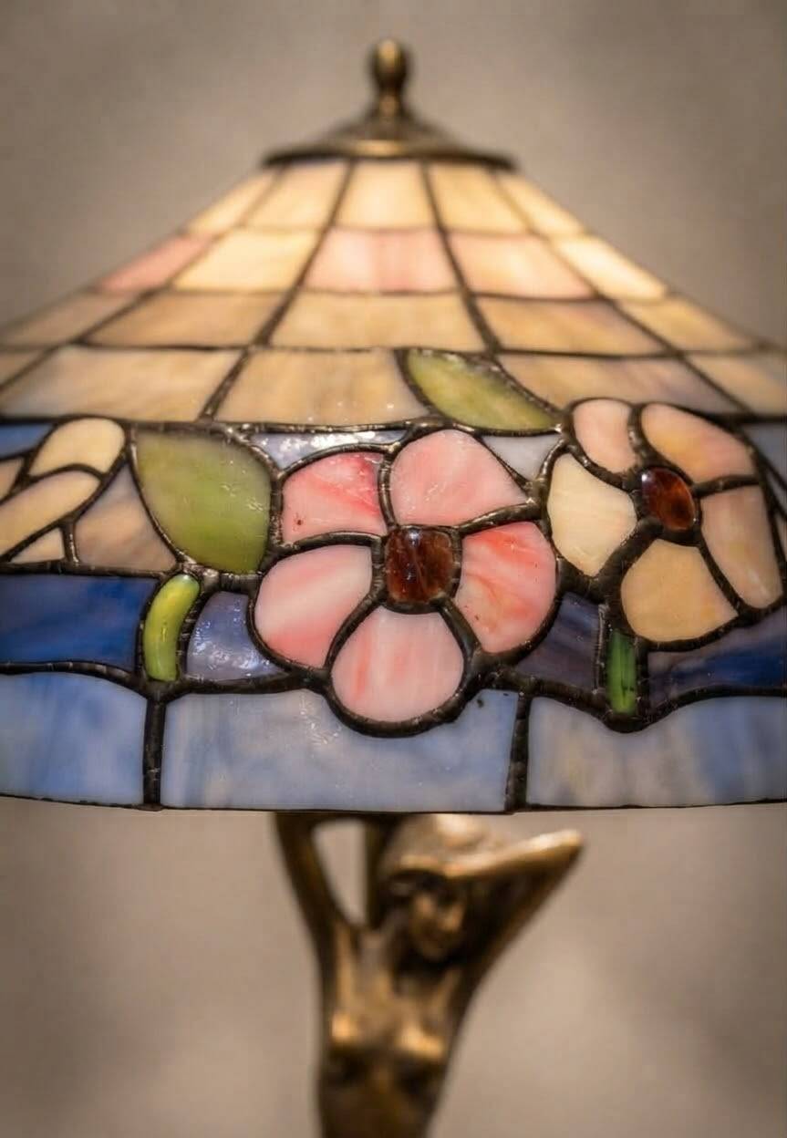 Art Nouveau Table Lamp in Burnished Brass and Coloured Glass (c. 1980)