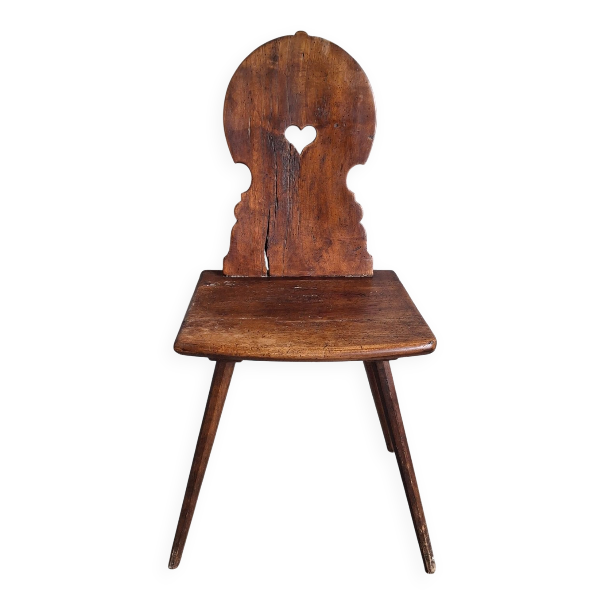 Old Alpine peasant chair from the 18th century – Heart-shaped cut-out violin backrest