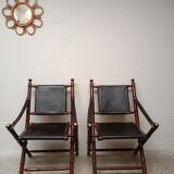 Pair of vintage "safari" folding armchairs in mahogany and leather