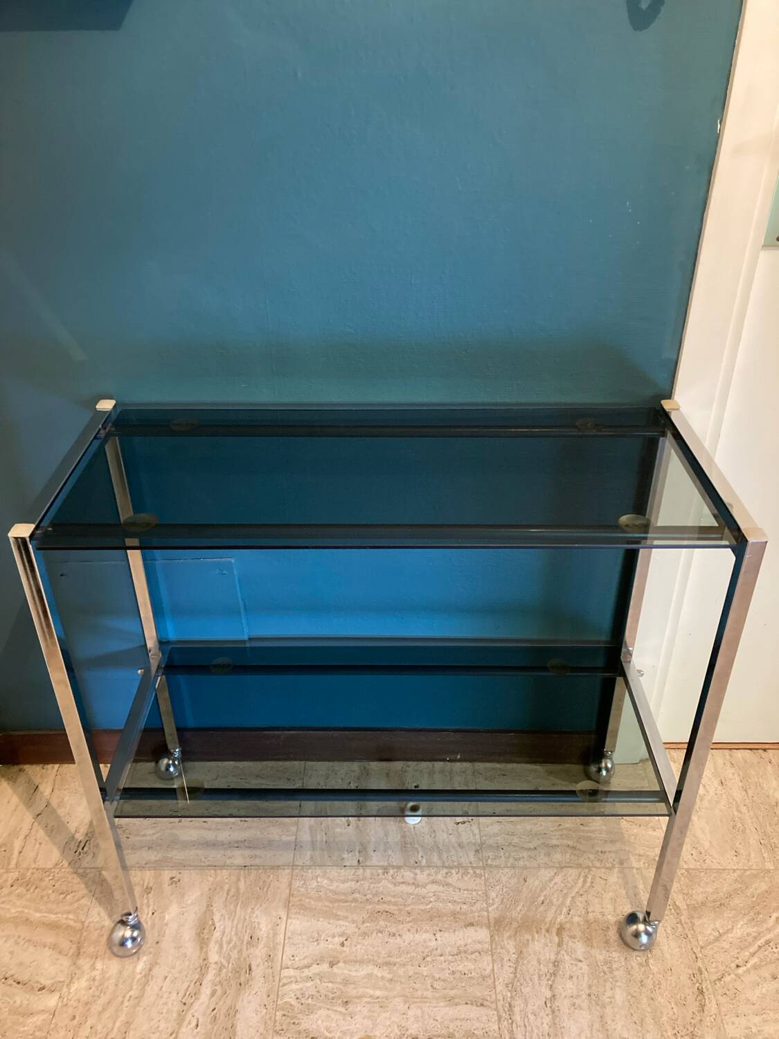 Vintage chrome dessert table, 2 smoked glass trays.