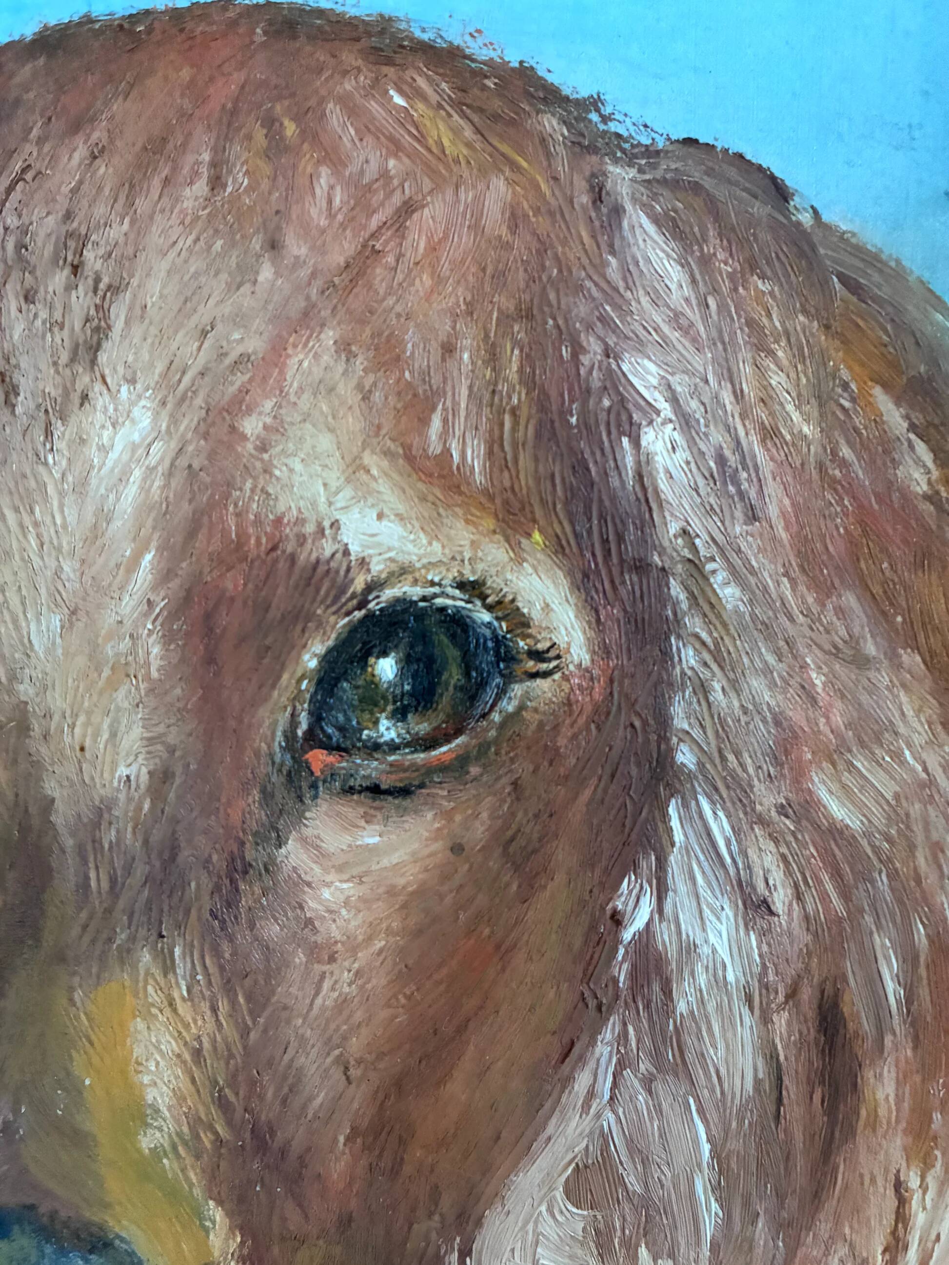 Vintage original dog portrait oil painting, signed animal art