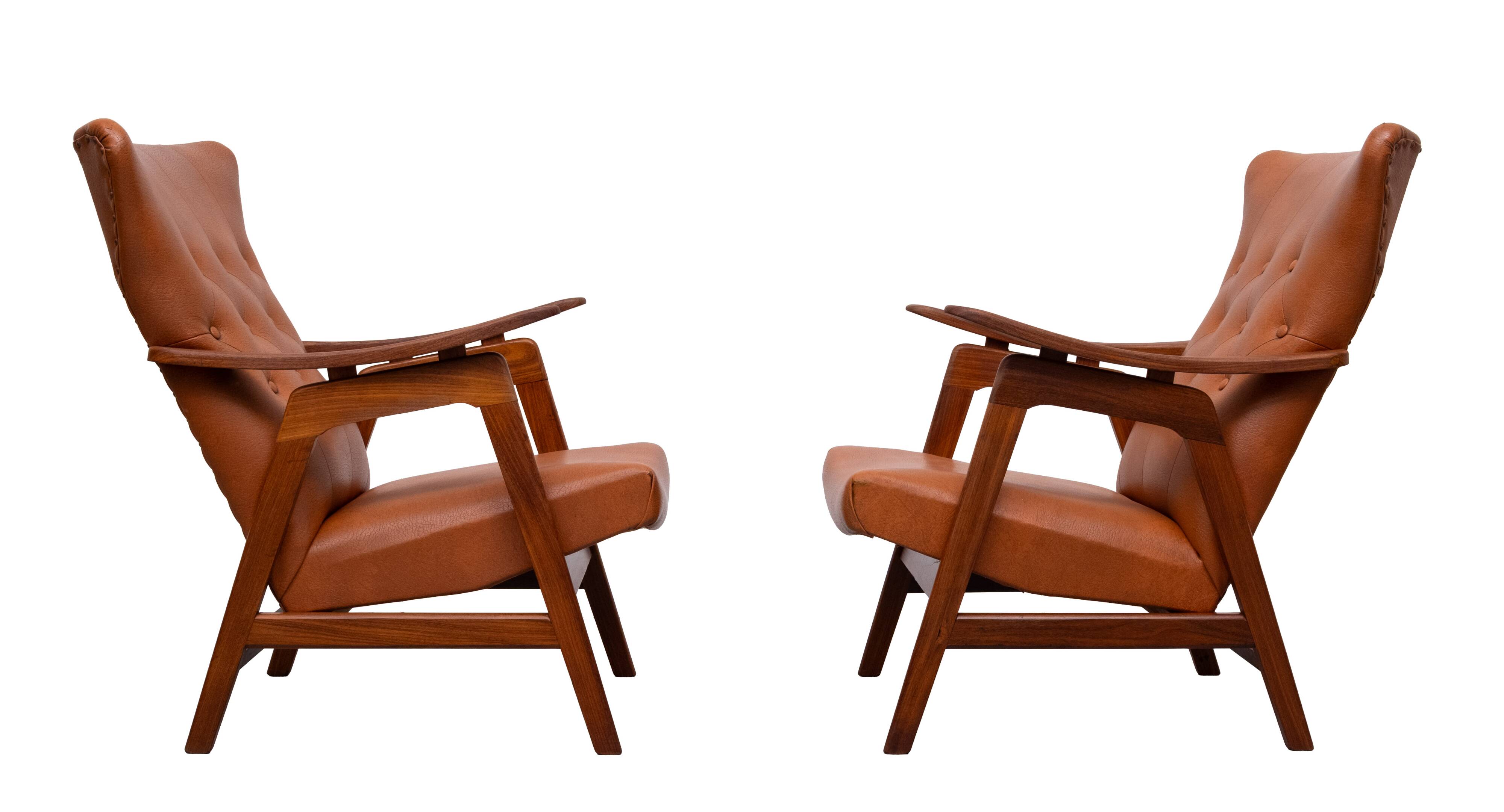 Teak Faux Leather Lounge chairs 1960s Holland