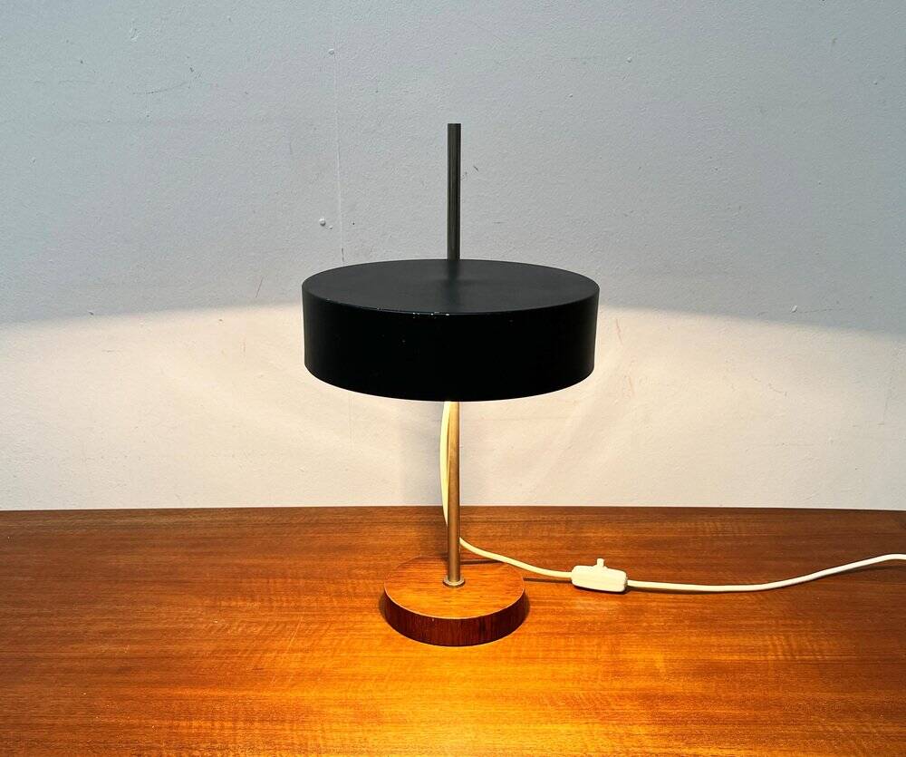 Mid-century minimalist table lamp with a teak veneer base, 1960s.