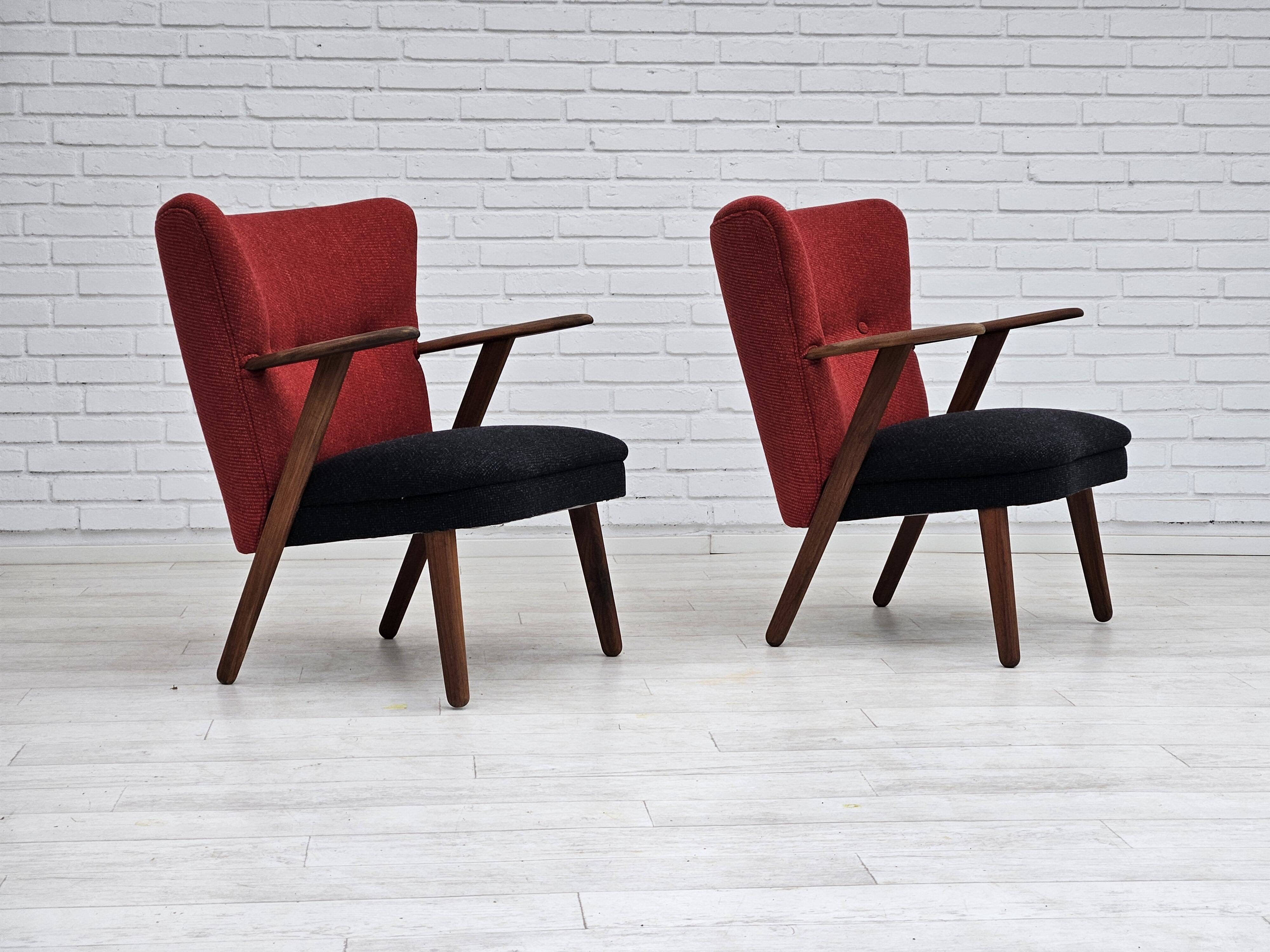 1960s, Danish design by Erhardsen & Andersen, reupholstered armchair, furniture wool, teak wood.