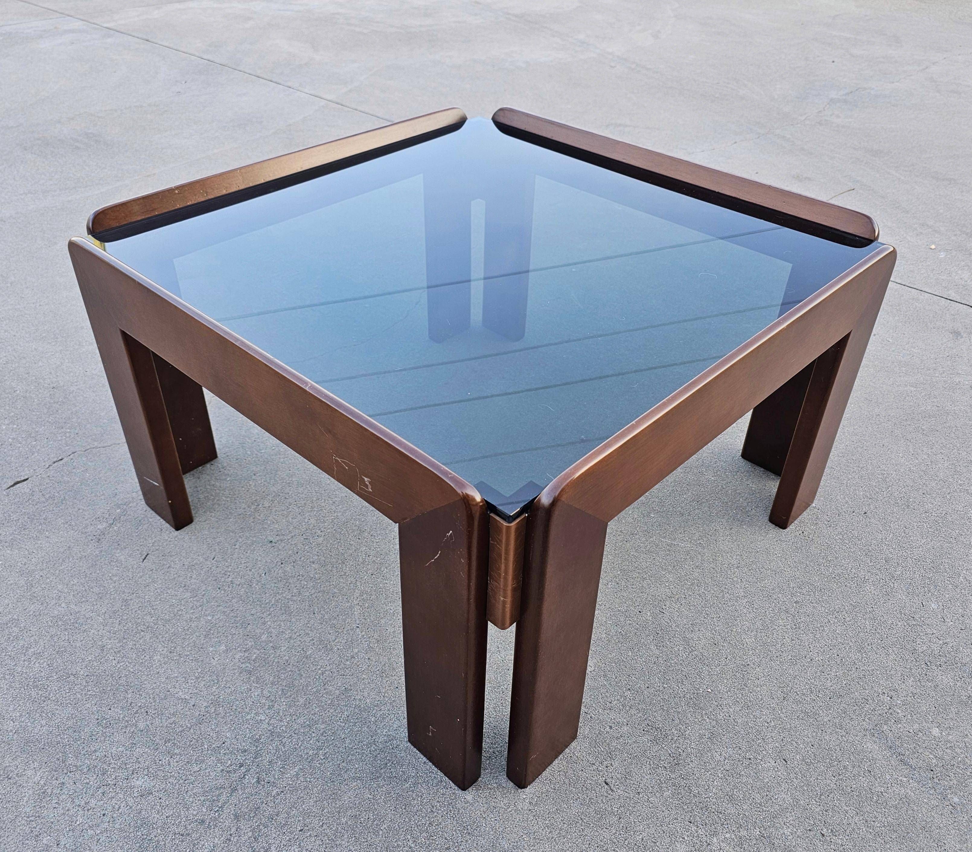 MCM coffee table in walnut and smoked glass by Afra and Tobia Scarpa, 1960s