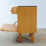 Mid-century bedside tables with ash veneer and black glass by František Mezulánik, Nový Domov, Czechoslovakia, 1970s.