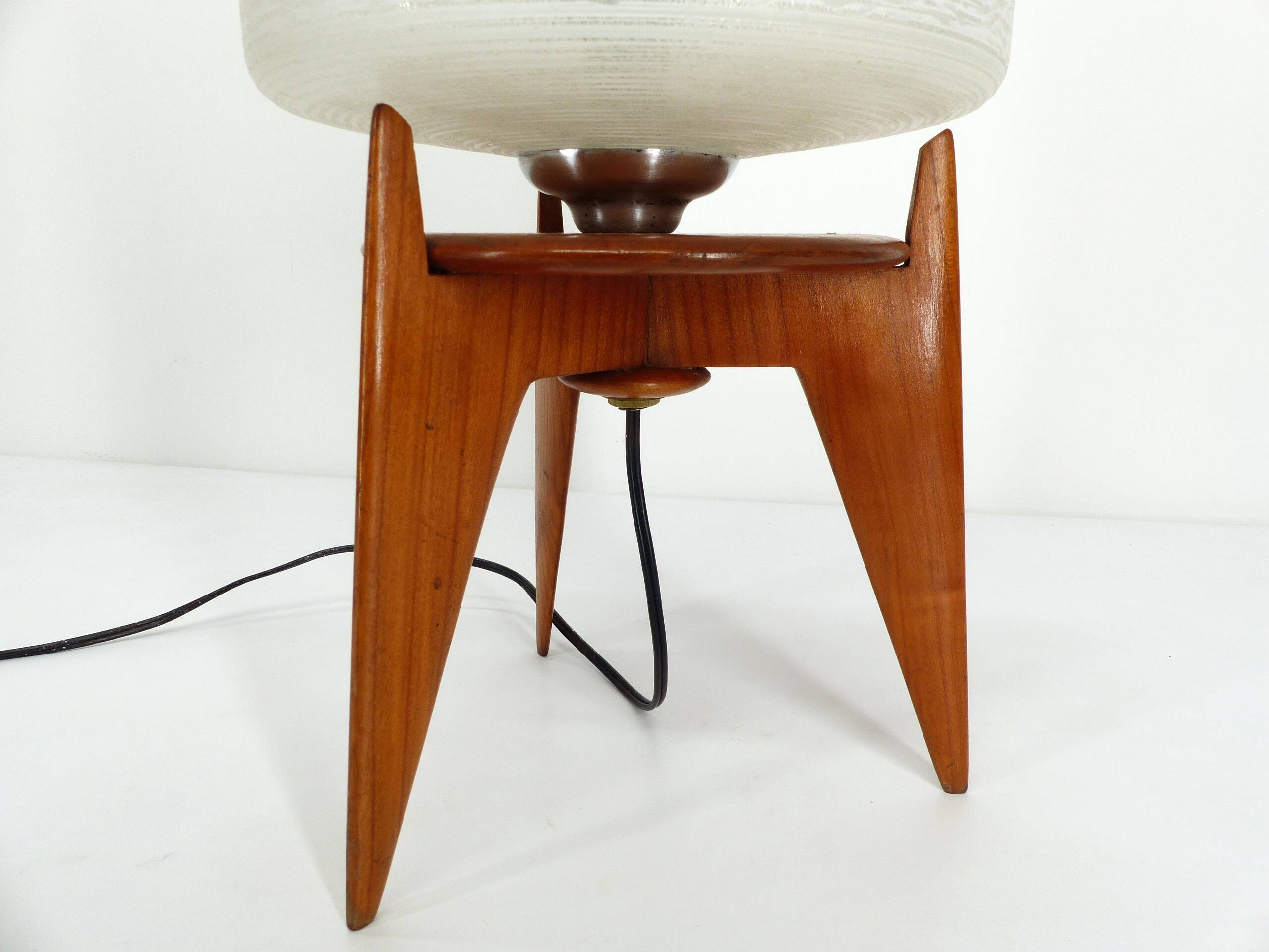Vintage tripod table lamp wood and glass 1950 France
