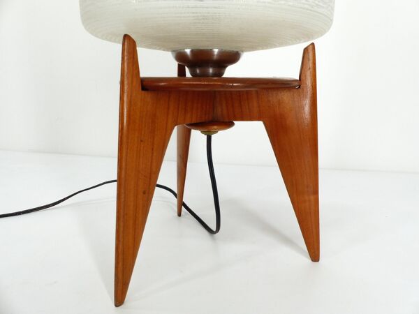 Lampe de table vintage tripode bois et verre 1950 France
