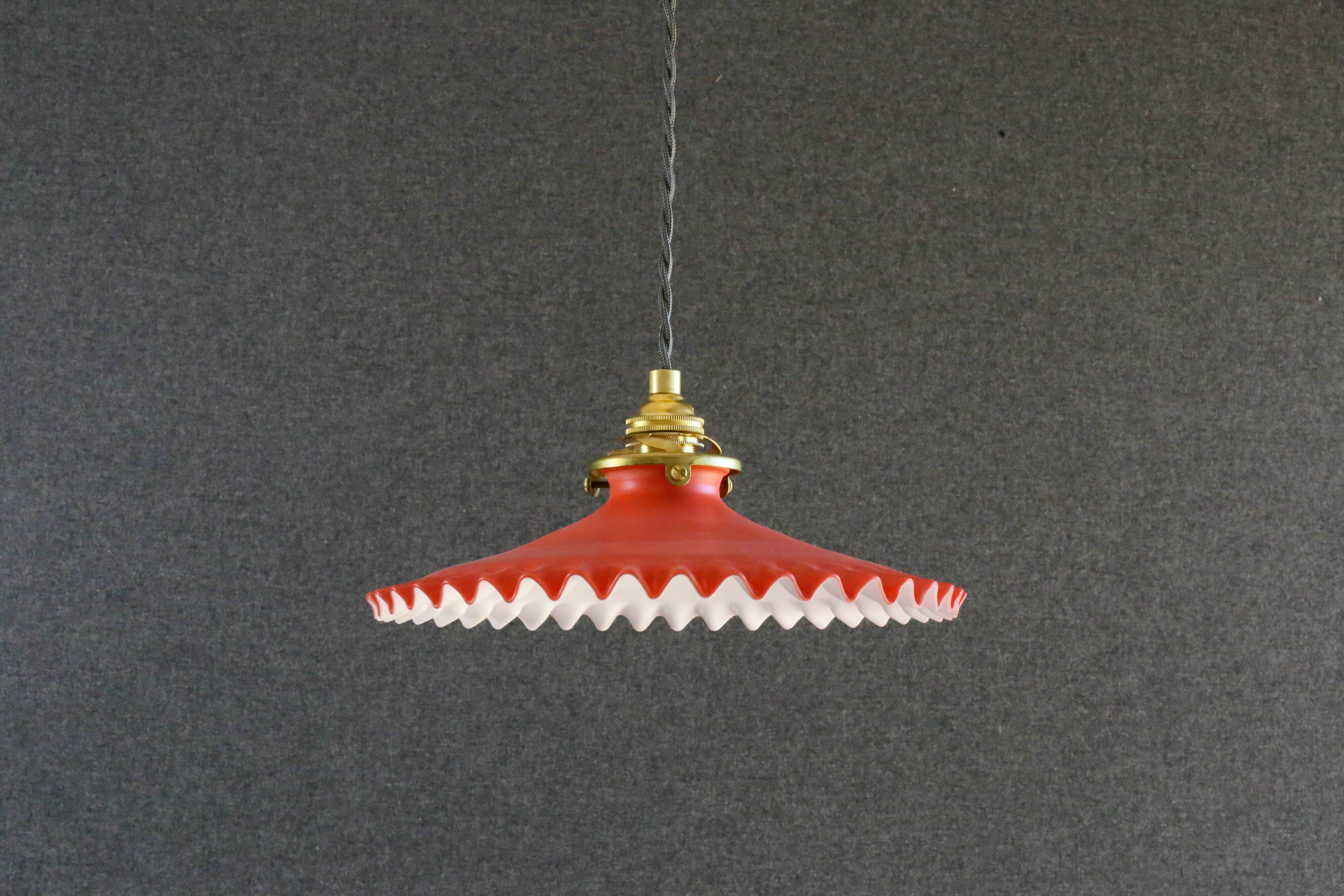 Pendant light in old glass painted red and white. New socket and cable.