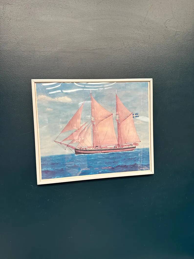 Swedish original print on paper – "Boat at Sea" by Egil Bergström – Signed – vintage and framed – 60.5 × 50.5 cm (23.8 in × 19.8 in)