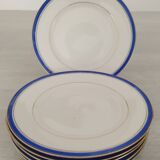 White Porcelain Cheesecake Dessert Plates with Blue Border and Gold Fillet
